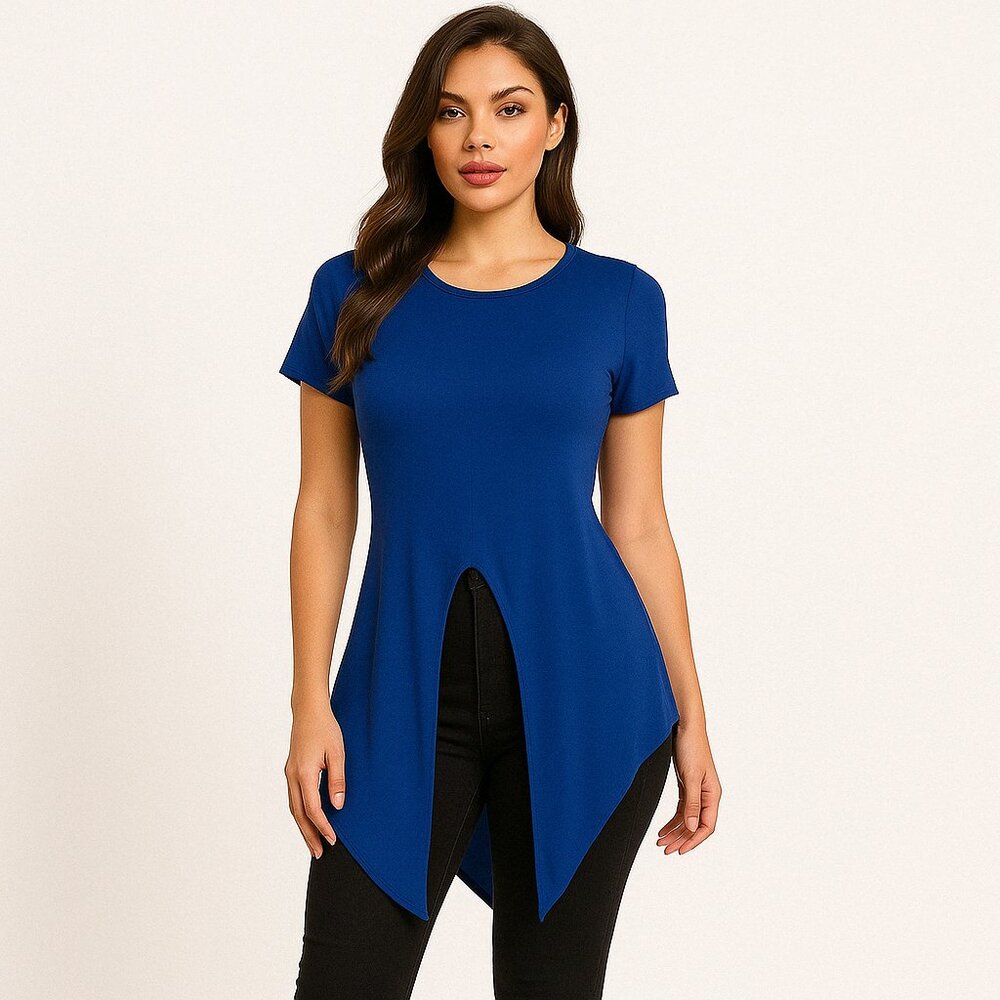 CAARA (NWT) Blue High-Low Split Hem Short Sleeve Tunic Top XS